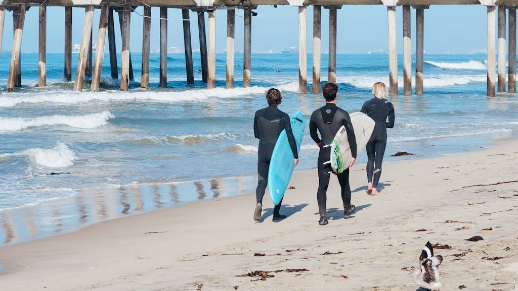 A group of friends in wetsuits walking with surfboards along a sunny beach.