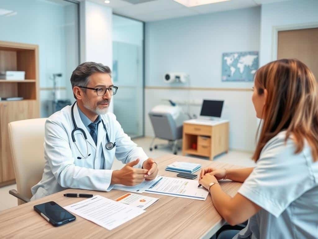 Patient consulting with doctor about medical tourism insurance coverage