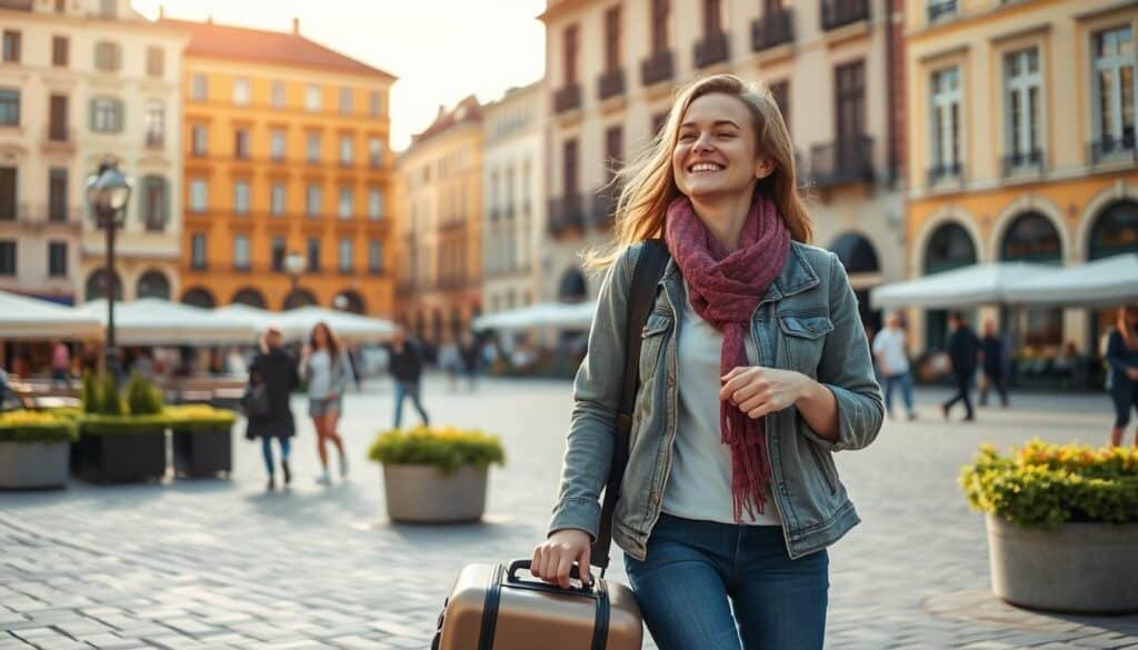 Happy traveler with luggage walking through a city square during a successful stopover trip