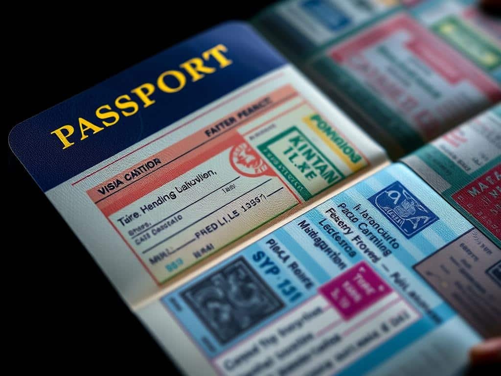 Passport with various visa stamps and entry permits for stopover countries