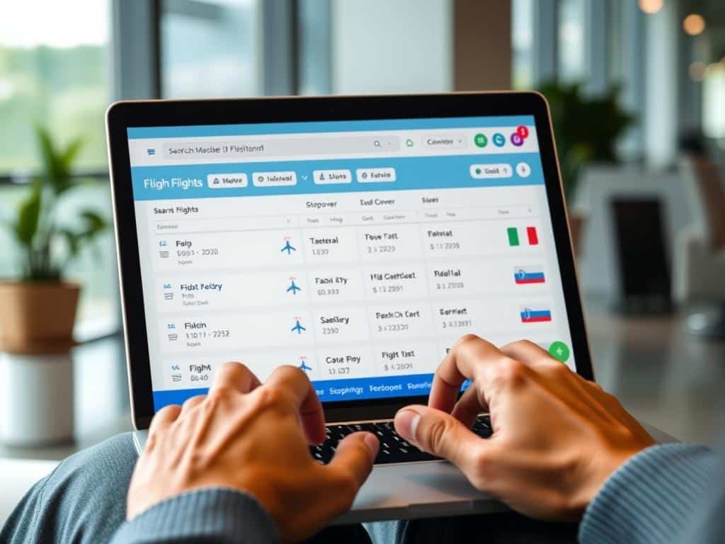 Person booking a multi-day stopover flight on a laptop showing flight search results