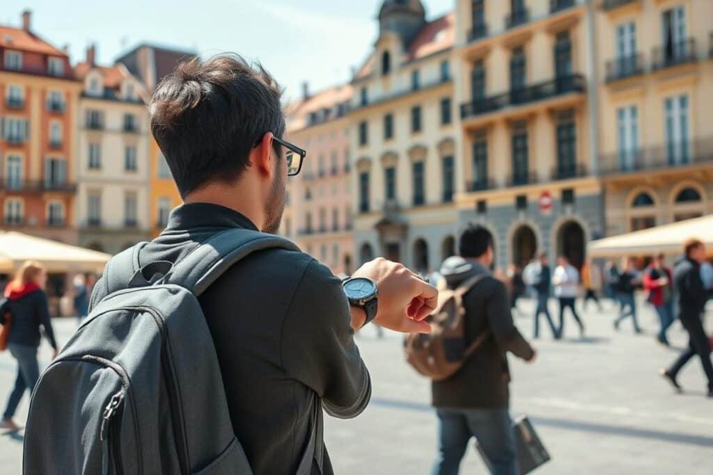 Tourist checking watch while exploring a city during a stopover