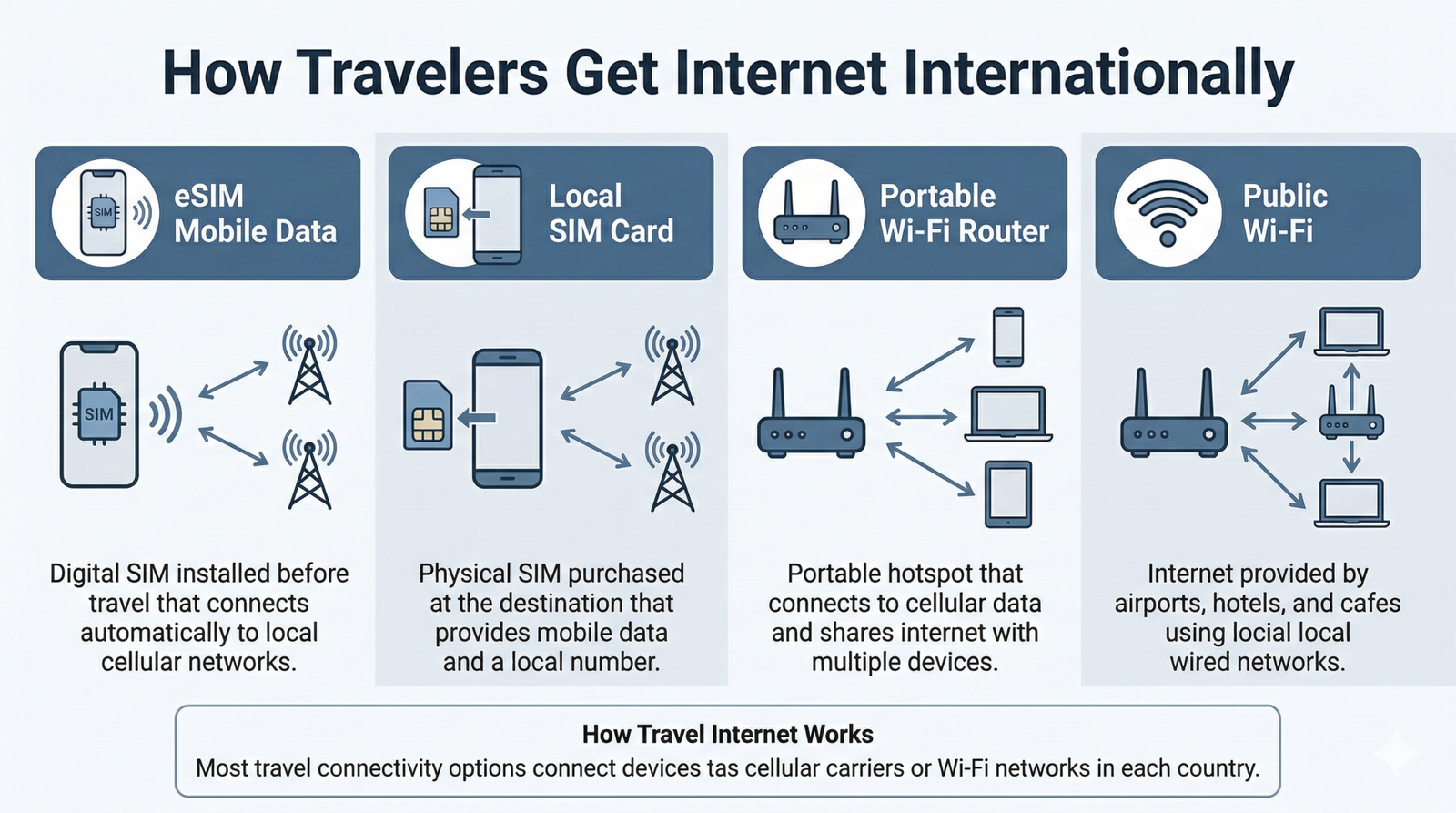 Global connectivity options for international travellers — eSIM, SIM card, and portable hotspot illustrated