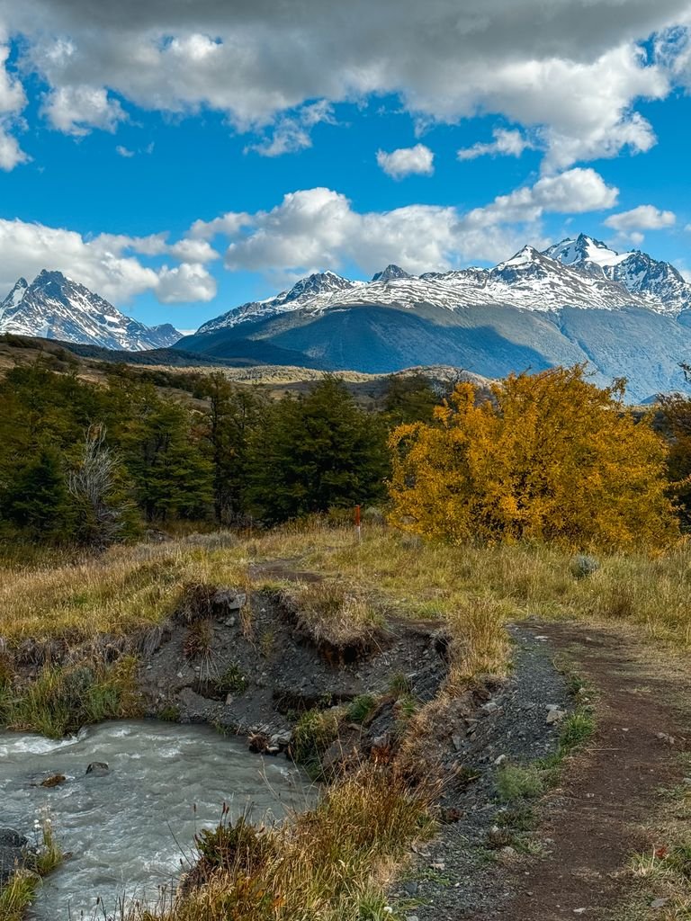 A breathtaking view of Patagonian mountains with a foreground stream and autumn foliage in Chile.