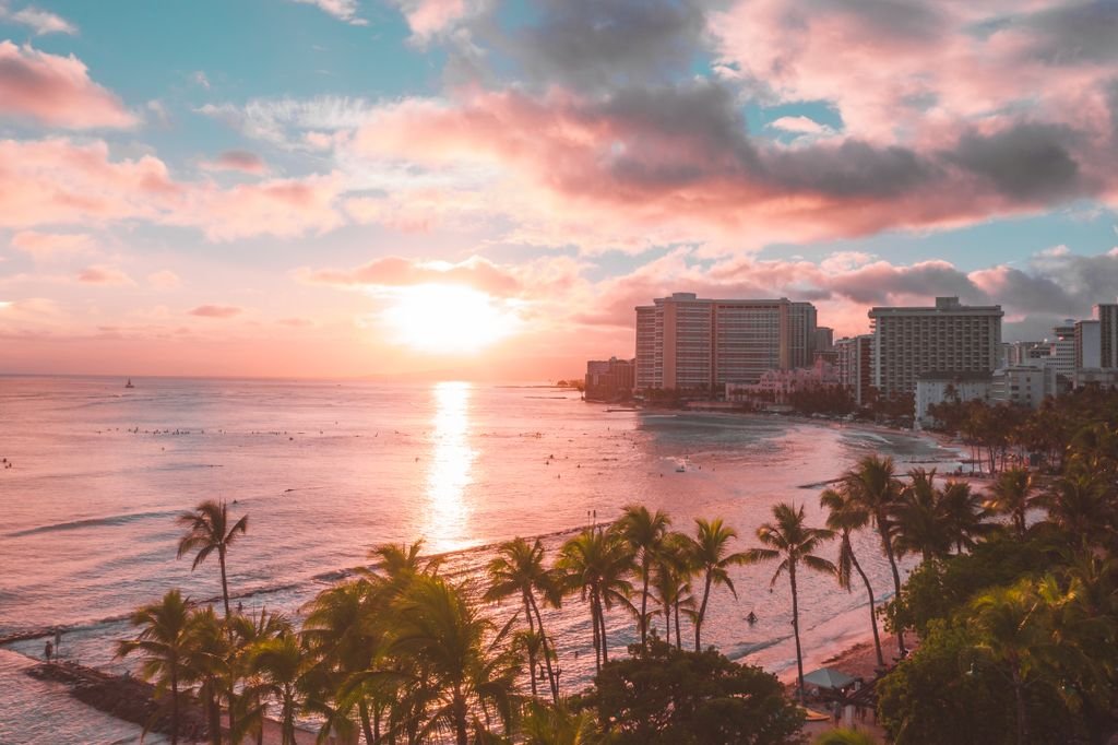 A vibrant tropical beachfront with palm trees and a resort overlooking a warm sunset.