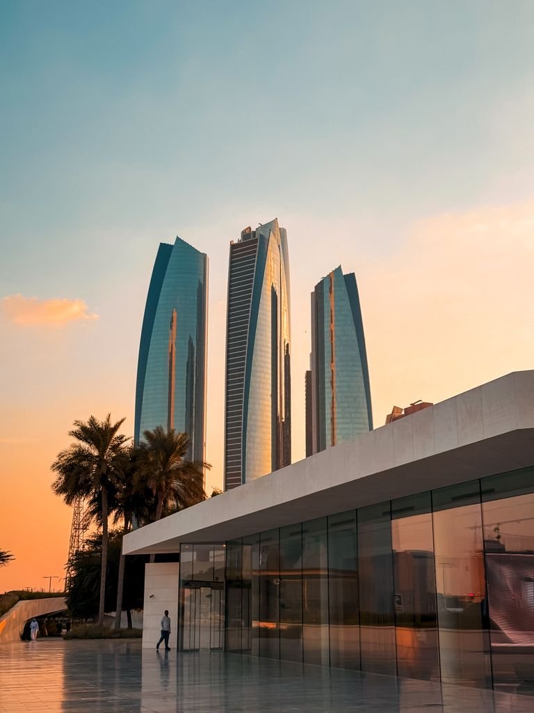 Etihad Towers skyline in Abu Dhabi at sunset
